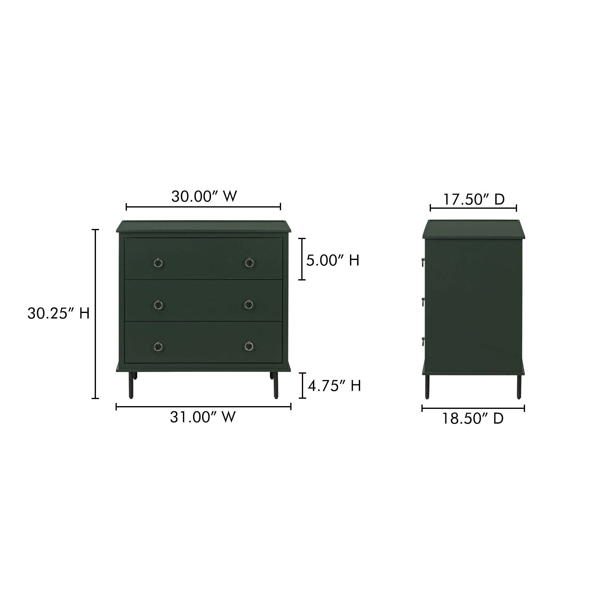 Reagan 3 Drawer Nightstand Deep Green - 1630Living